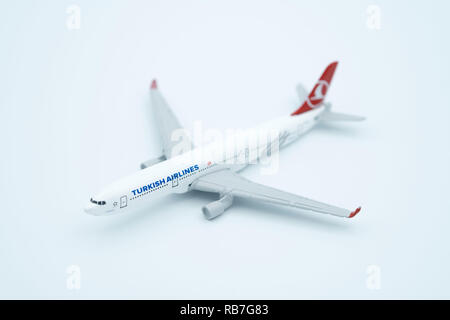 Close up of a Turkish Airlines model airplane cut out isolated on white background Stock Photo