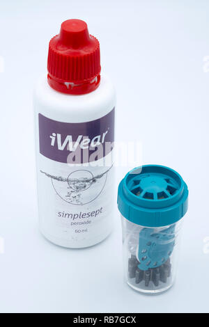 Close up of iWear peroxide based contact lens cleaning solution cut out isolated on white background Stock Photo