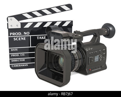 Cinema concept. Professional video camera with clapperboard, 3D rendering isolated on white background Stock Photo