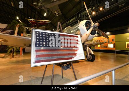 The flag that flew on the USS St. Louis during the Dec. 7, 1941 Japanese surprise attack on Pearl Harbor is on display at the National Museum of the United States Air Force Dec. 7, 2016. The one-time display commemorates the 75th anniversary of the 'Day that will live in Infamy,' which ushered the United States participation into World War II. Stock Photo