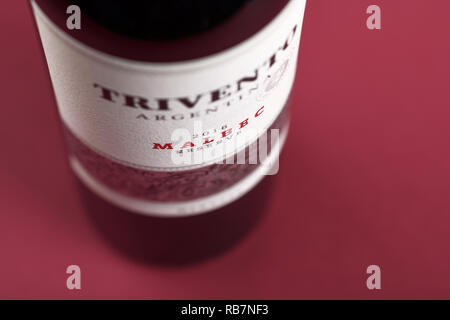 Close up of the label of a bottle of Trivento 2016 Malbec Reserve 2016 Stock Photo
