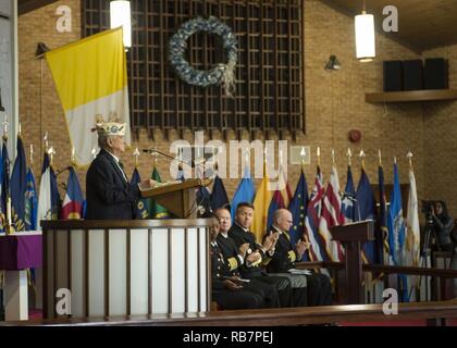 VIRGINIA BEACH, Va. (Dec. 7, 2016) Bill Muehleib, a veteran and Pearl Harbor survivor, addresses the audience during a ceremony commemorating the 75th anniversary of the attack on Pearl Harbor at Joint Expeditionary Base Little Creek-Fort Story. The ceremony honored the sacrifices of those who were present Dec. 7, 1941 and their family members. Stock Photo