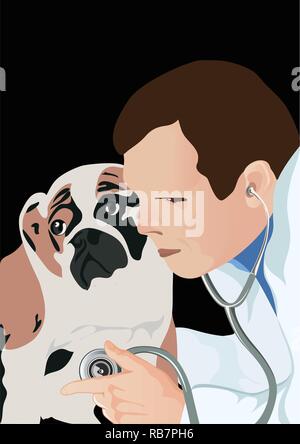 veterinarian with phonendoscope and dog, veterinarian examining dog and listening with stethoscope during checkup, vector illustration Stock Vector
