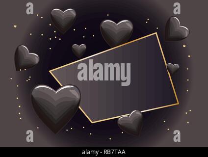 frame with black hearts and glitter on dark background Stock Vector