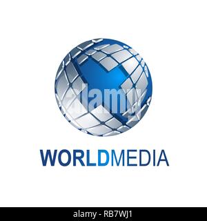Abstract three dimensional shapes World Media globe logo template vector illustration. Blue Grey color Stock Vector