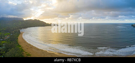 Hanalei Bay Beach Aerial Panorama Sunset Kauai Hawaii Tropical Vacation Destination Stock Photo