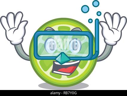 Diving green lemon slices in cartoon bottle Stock Vector