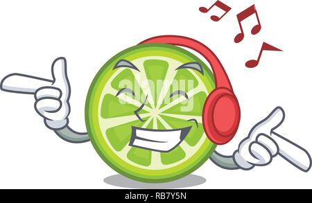 Listening music green lemon slices in character fridge Stock Vector