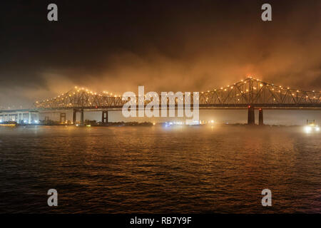 Green Bridge in New Orleans, at night in fog. Stock Photo