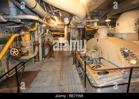 Machinery in the former United States Battleship USS Alabama. Stock Photo