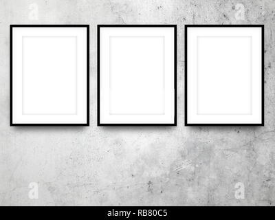 Three blank black picture frames on gray concrete wall background Stock Photo
