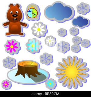Set sticker on grey background for Groundhog Day color cartoon holiday illustration design. Second February greeting poster, banner, postcard, scrapbook. Vector illustration with weather elements Stock Vector