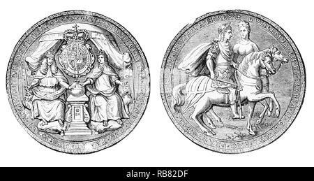 The Great Seal of the Realm, used to show the monarch's approval of important State documents for joint monarchs, William III (1650-1702), also widely known as William of Orange, King of England, Ireland and Scotland from 1689 until his death in 1702 and informally known as 'King Billy'. And Mary II (1662-1694) was Queen of England, Scotland, and Ireland, co-reigning with her husband and first cousin, King William III  until her death in 1694. Popular history refers to their joint reign as that of William and Mary who became king and queen regnant following the Glorious Revolution. Stock Photo