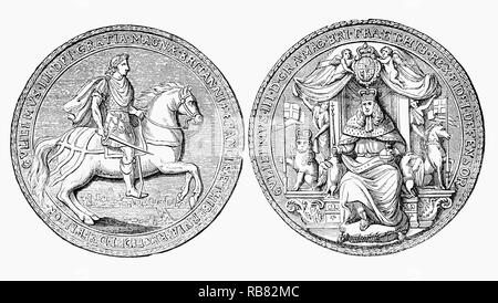 The Great Seal of the Realm, used to show the monarch's approval of important State documents. Following the death of joint monarch, Queen Mary II (1662-1694),  William III (1650-1702), also widely known as William of Orange, King of England, Ireland and Scotland  and informally known as 'King Billy', ruled alone until his death in 1702 Stock Photo