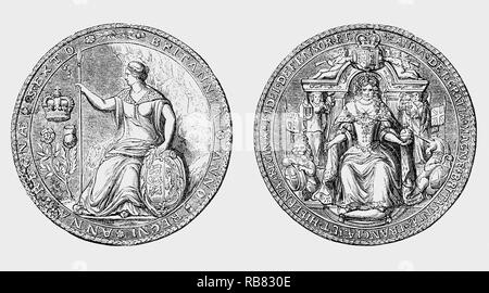 The Great Seal of the Realm, used to show the monarch's approval of important State documents for Anne (1665-1714),  Queen of England, Scotland and Ireland between 8 March 1702 and 1 May 1707. This seal was used after 1 May 1707, when under the Acts of Union, two of her realms, the kingdoms of England and Scotland, united as a single sovereign state known as Great Britain. She continued to reign as Queen of Great Britain and Ireland until her death in 1714. Stock Photo
