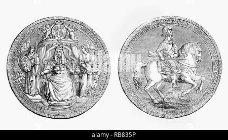 The Great Seal of the Realm, used to show the monarch's approval of important State documents for  George I (1660-1727), born in Hanover, Germany, King of Great Britain and Ireland from 1 August 1714 until his death in 1727. At the age of 54, after the death of his second cousin Anne, Queen of Great Britain, George ascended the British throne as the first monarch of the House of Hanover. Although over 50 Roman Catholics were closer to Anne by primogeniture, the Act of Settlement 1701 prohibited Catholics from inheriting the British throne; George was Anne's closest living Protestant relative. Stock Photo