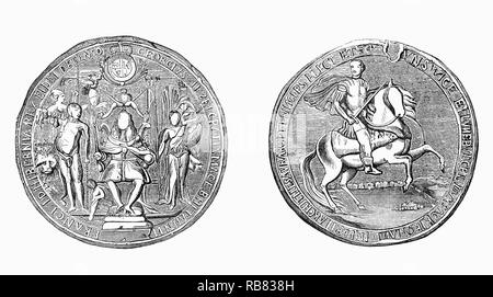 The Great Seal of the Realm, used to show the monarch's approval of important State documents for George II (1683-1760), King of Great Britain and Ireland, until his death in 1760. He was the last British monarch born outside Great Britain, being born and brought up in northern Germany. After the deaths of Sophia and Anne, Queen of Great Britain, in 1714, his father George I, Elector of Hanover, inherited the British throne. Stock Photo