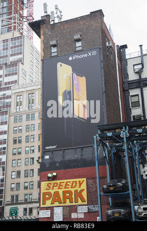 Iphone X billboard on the side of a building in the Tribecca neighborhood of lower Manhattan, New York City. Stock Photo