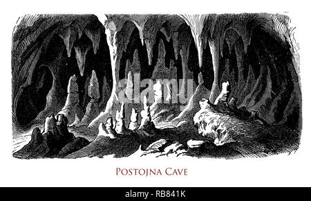 Vintage engraving of Slovenian Postojna cave, long karst cavern created by the Pivka River. Stock Photo