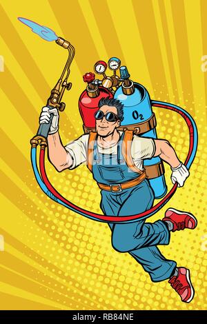 welder professional worker. superhero with gas cylinders. Pop art retro vector illustration kitsch vintage Stock Vector