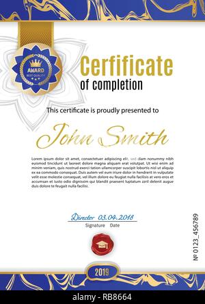 Official white blue certificate with gold blue emblem. Business clean modern design. Gold emblem Stock Vector