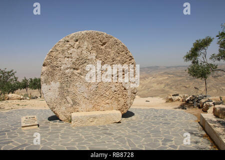 Abu badd - rolling stone used as door of Byzantine Monastery on Mount Nebo, Jordan Stock Photo