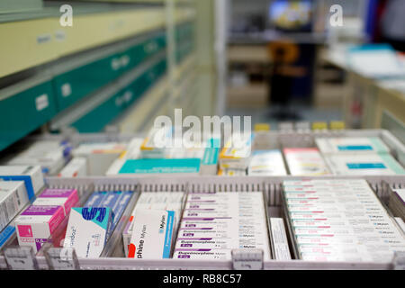 Pharmacy. Drugs in a sliding drawer. France. Stock Photo