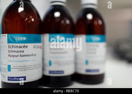 Pharmacy. Essential oils in glass bottles. France. Stock Photo