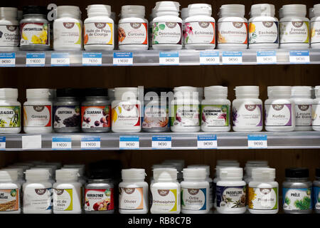 Pharmacy. Medicine in shelves. Natural medicine. France. Stock Photo