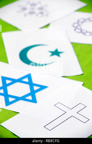 Symboles interreligieux. Interfaith dialogue. Symbols of islam, judaïsm and christianity. Annecy. France. Stock Photo