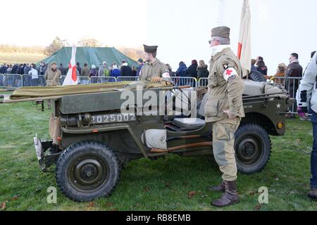 Static display of WW2 American vehicles around the Batle of Ardennes museum ' Mardason' during the World War2 Battle of Bulge's commemoration, in Bastogne, Belgium, Dec 10, 2016. Stock Photo