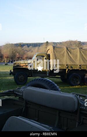 Static display of WW2 American vehicles around the Batle of Ardennes museum ' Mardason' during the World War2 Battle of Bulge's commemoration, in Bastogne, Belgium, Dec 10, 2016. Stock Photo