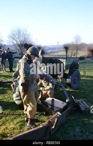 Static display of WW2 American vehicles around the Batle of Ardennes museum ' Mardason' during the World War2 Battle of Bulge's commemoration, in Bastogne, Belgium, Dec 10, 2016. Stock Photo