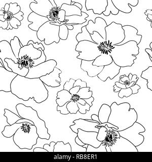 Seamless background, poppy flower outline, black contours on white Stock Vector