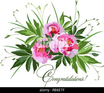 Flowers isolated on white background, vector bouquet with peonies, leaves and greenery, greeting card Stock Vector