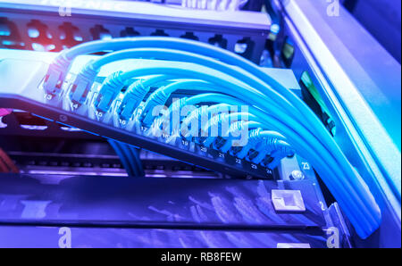 network cable connecting on network core switch close up Stock Photo