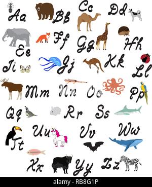 vector illustration of alphabet letters with animals. Stock Vector