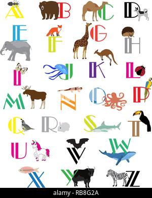 vector illustration of alphabet letters with animals. Stock Vector
