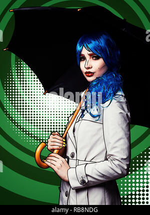 Portrait of young woman in comic pop art make-up style. Female with umbrella on green cartoon background. Stock Photo