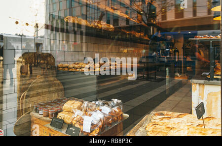 Showcase Bakery with assortment of bread, cakes and buns in Stockholm, Sweden Stock Photo