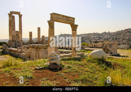 Temple of Hercules and stone hand of Hercules of the Amman Citadel complex (Jabal al-Qal'a), Amman, Jordan. Stock Photo