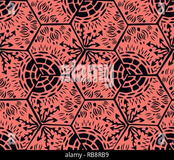 Underwater world. Hexagonal tiles. Seamless pattern. Black and coral light colors Stock Vector