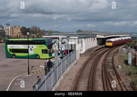 Bus and Train at Newport bus station Stock Photo