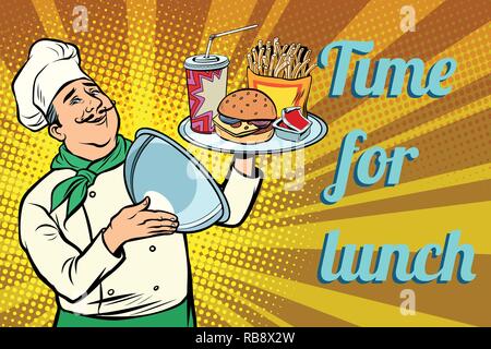 Burger French fries Cola fast food. time for lunch. chef with tray with lid. Comic cartoon pop art retro vector illustration drawing Stock Vector