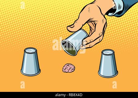 Mind game. Brain and intelligence. Scammers and deception. Comic cartoon pop art retro vector illustration drawing Stock Vector