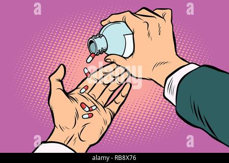man hand pours out pills. Comic cartoon pop art retro vector illustration drawing Stock Vector