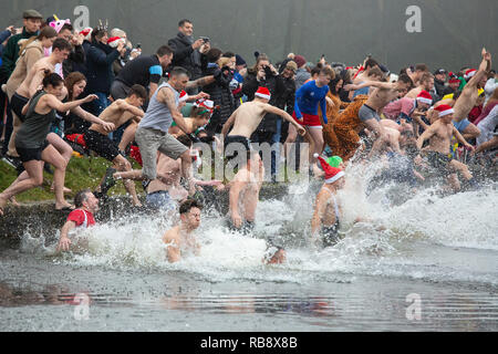 The annual Christmas morning swim at Blackroot Pool, Sutton Park. Stock Photo