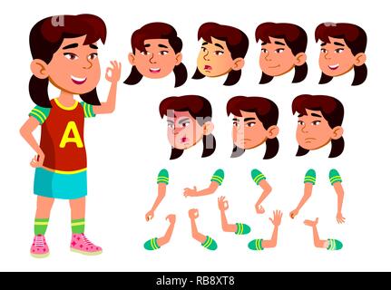 Asian Girl, Child, Kid, Teen Vector. Schoolchild. Face Emotions, Various Gestures. Animation Creation Set. Isolated Flat Cartoon Character Illustration Stock Vector