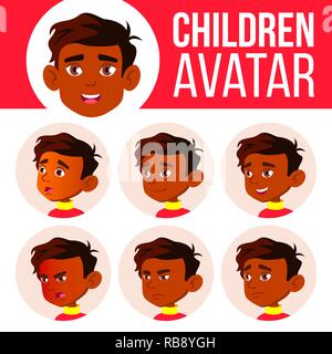 Indian Boy Avatar Set Kid Vector. Primary School. Face Emotions. Flat, Portrait. Active, Joy. Poster, Clipart. Cartoon Head Illustration Stock Vector