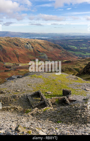 Saddlestone Quarry on the flank of The Old Man of Coniston with the Coppermines Valley beyond in the Lake District National Park, Cumbria, England. Stock Photo